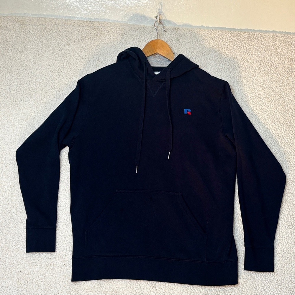 Russell Athletic Navy Blue Pullover Hoodie L Classic Logo Cotton Blend